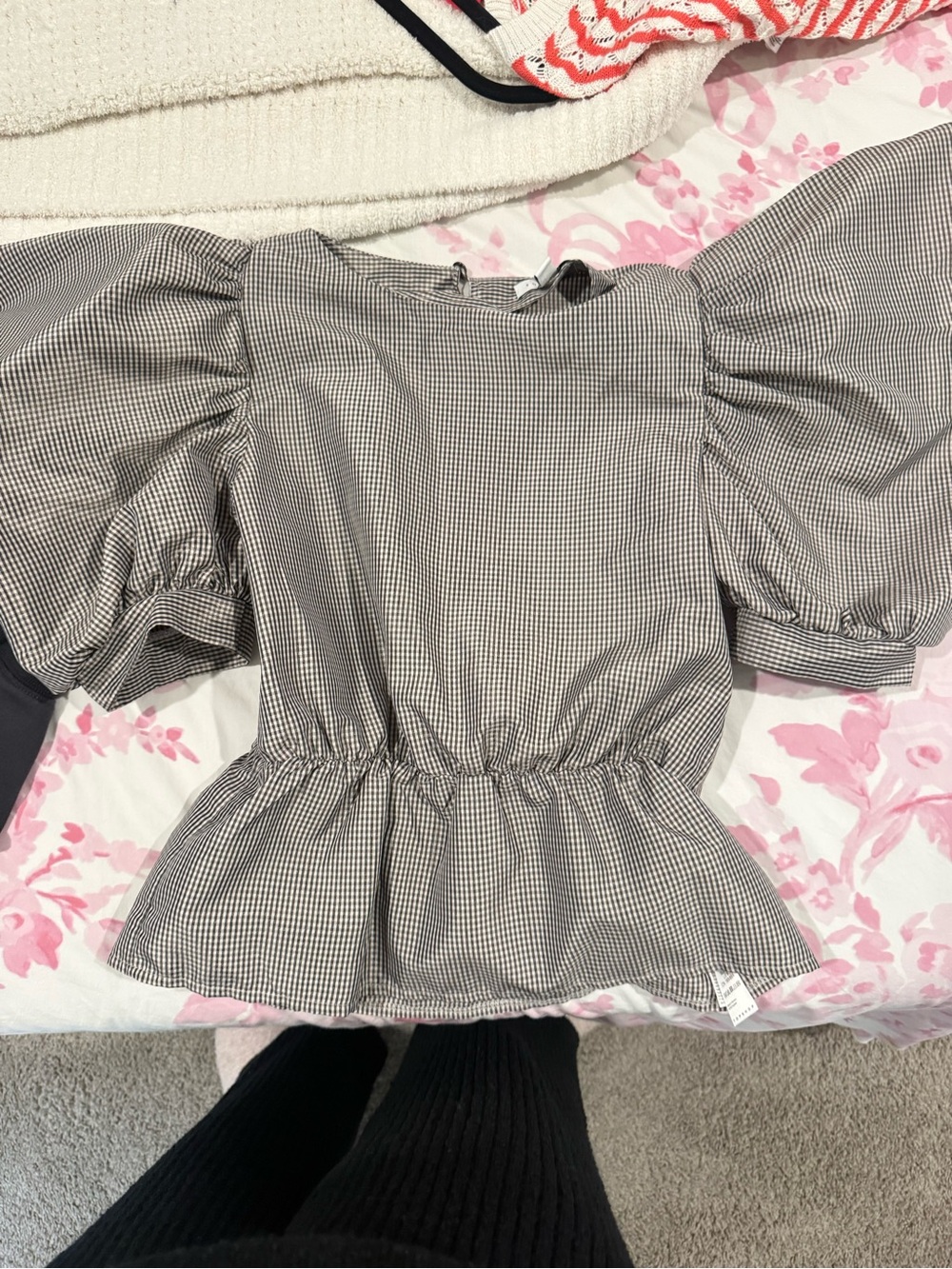 Topshop Black and White Gingham Puff Sleeve Peplum Top